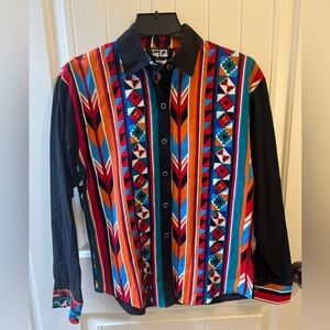 Vintage Top Rails Cotton Western Geometric Pattern Print Button Down Top, Small